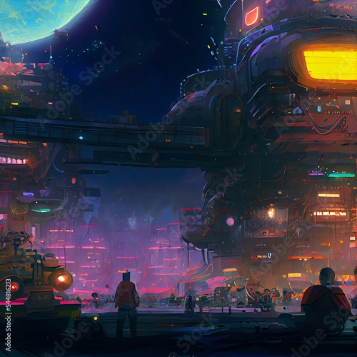 Cyberpunk city, abstract illustration, futuristic city, dystoptic artwork at night, high resolution wallpaper. Dystopic urban wallpaper. Cityscape background.