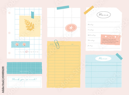 memo template. A collection of striped notes, blank notebooks, and torn notes used in a diary or office.