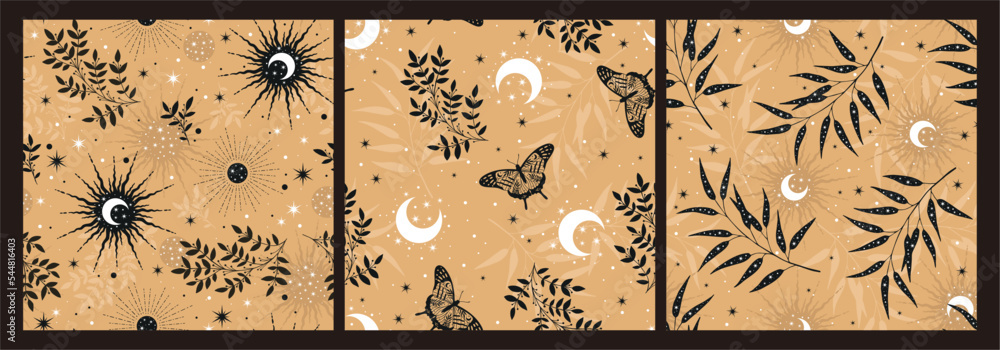 Set of vector magic seamless pattern with constellations, sun, moon ...