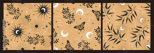 Set of vector magic seamless pattern with constellations, sun, moon, butterflies, herbs and stars. Mystical esoteric background for design of fabric, packaging, astrology, case, yoga mat