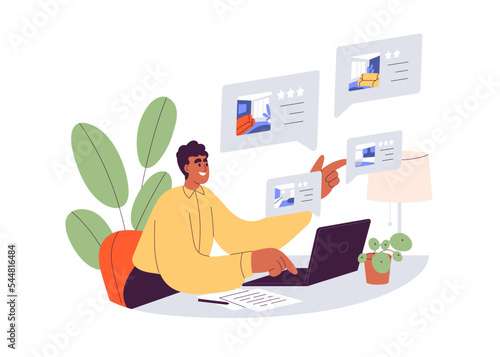 Person searching, booking accommodation online. Happy man finding rented flat, travel apartment, choosing real estate, room with internet platform. Vector illustration isolated on white background