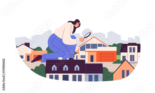 Real estate market study, property research concept. Buyer, agent searching, looking for residential house, choosing home with magnifying glass. Flat vector illustration isolated on white background