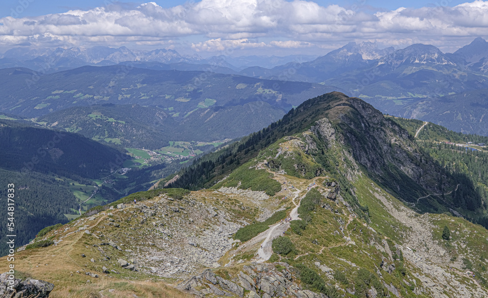 View of Gasselhohe summit and Spiegelsee as seen from Rippetegg summit, Rieteralm, Schladming, Styria, Austria