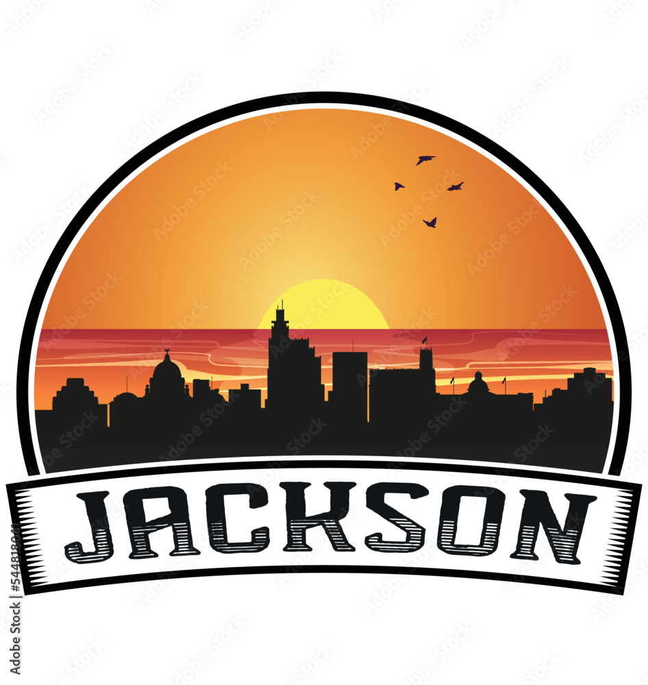 Jackson Mississippi USA Skyline Sunset Travel Souvenir Sticker Logo Badge Stamp Emblem Coat of Arms Vector Illustration EPS