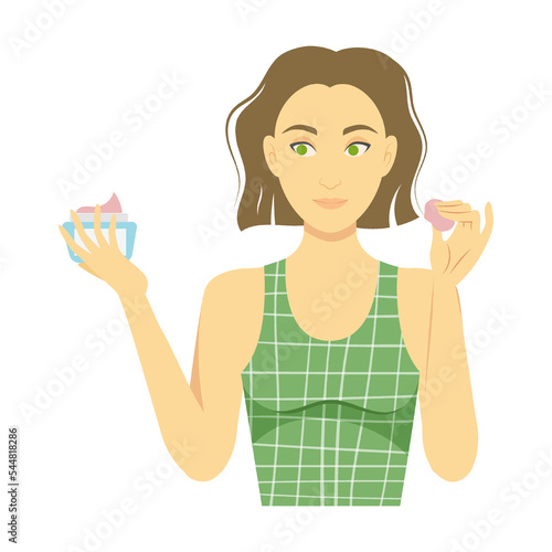 Cartoon girl uses cosmetic cream in jar, doing skincare routine vector illustration. Female character using natural products against acne on face, anti wrinkle cosmetic