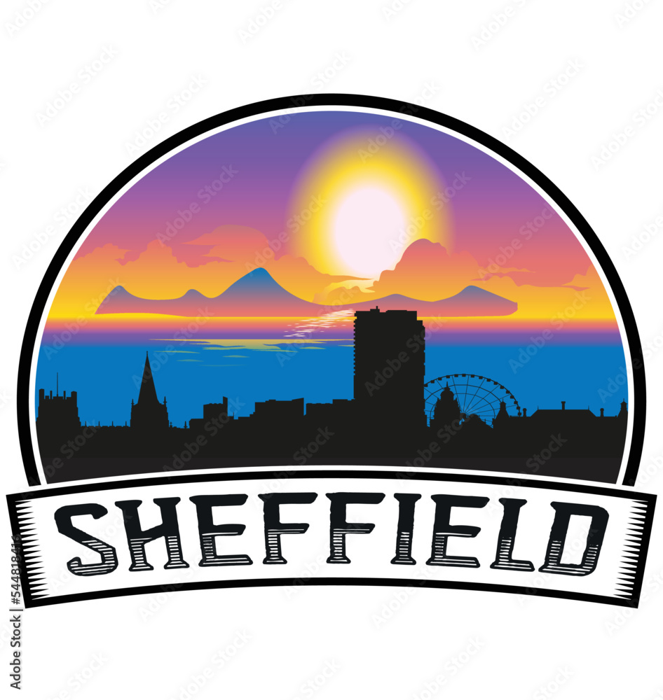 Sheffield England Skyline Sunset Travel Souvenir Sticker Logo Badge Stamp Emblem Coat of Arms Vector Illustration EPS