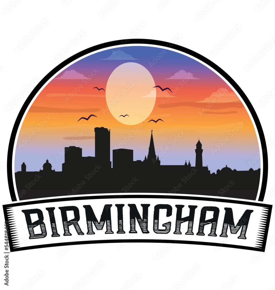 Birmingham England Skyline Sunset Travel Souvenir Sticker Logo Badge Stamp Emblem Coat of Arms Vector Illustration EPS