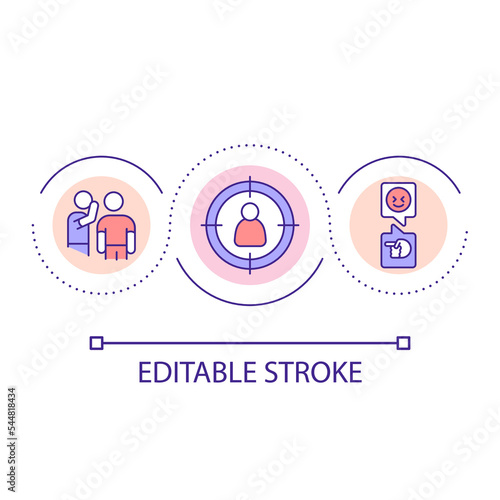 Cyberbullying loop concept icon. Live streaming. Web threat. Content maker problem. Unfair criticism abstract idea thin line illustration. Isolated outline drawing. Editable stroke. Arial font used