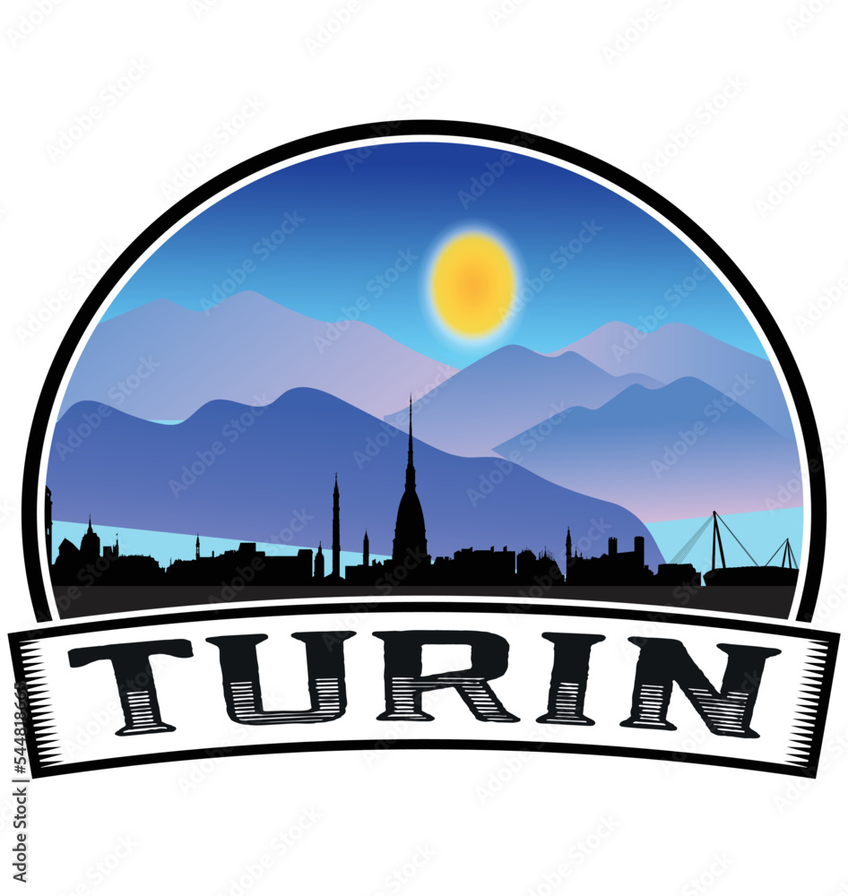 Turin Italy Skyline Sunset Travel Souvenir Sticker Logo Badge Stamp Emblem Coat of Arms Vector Illustration EPS