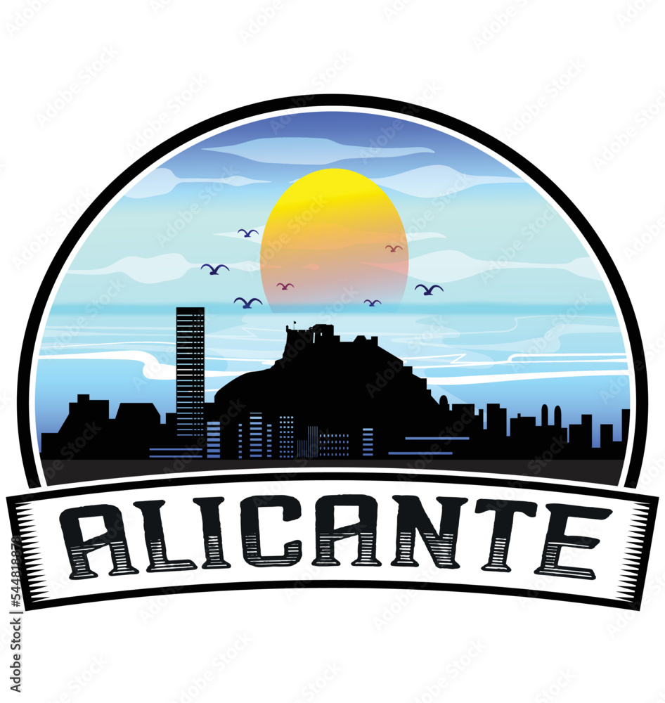 Alicante Spain Skyline Sunset Travel Souvenir Sticker Logo Badge Stamp Emblem Coat of Arms Vector Illustration EPS