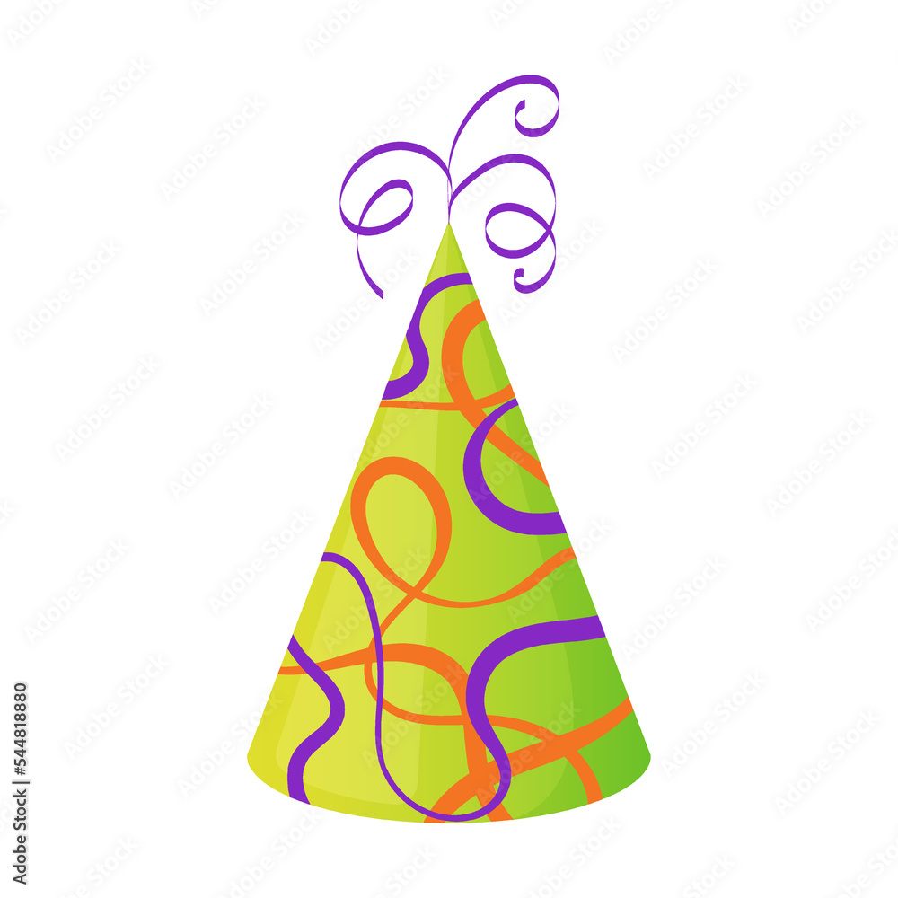 colorful Cone with pattern of confetti ribbons, cap for happy birthday party. Vector illustration of kids paper hat for carnival colorful Cone with pattern of confetti ribbons, cap for happy birthday party. Vector illustration of kids paper hat for carnival