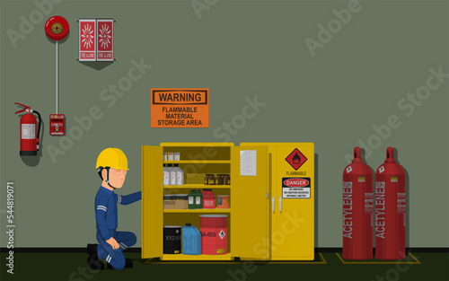 Worker is working in the flammable material storage area