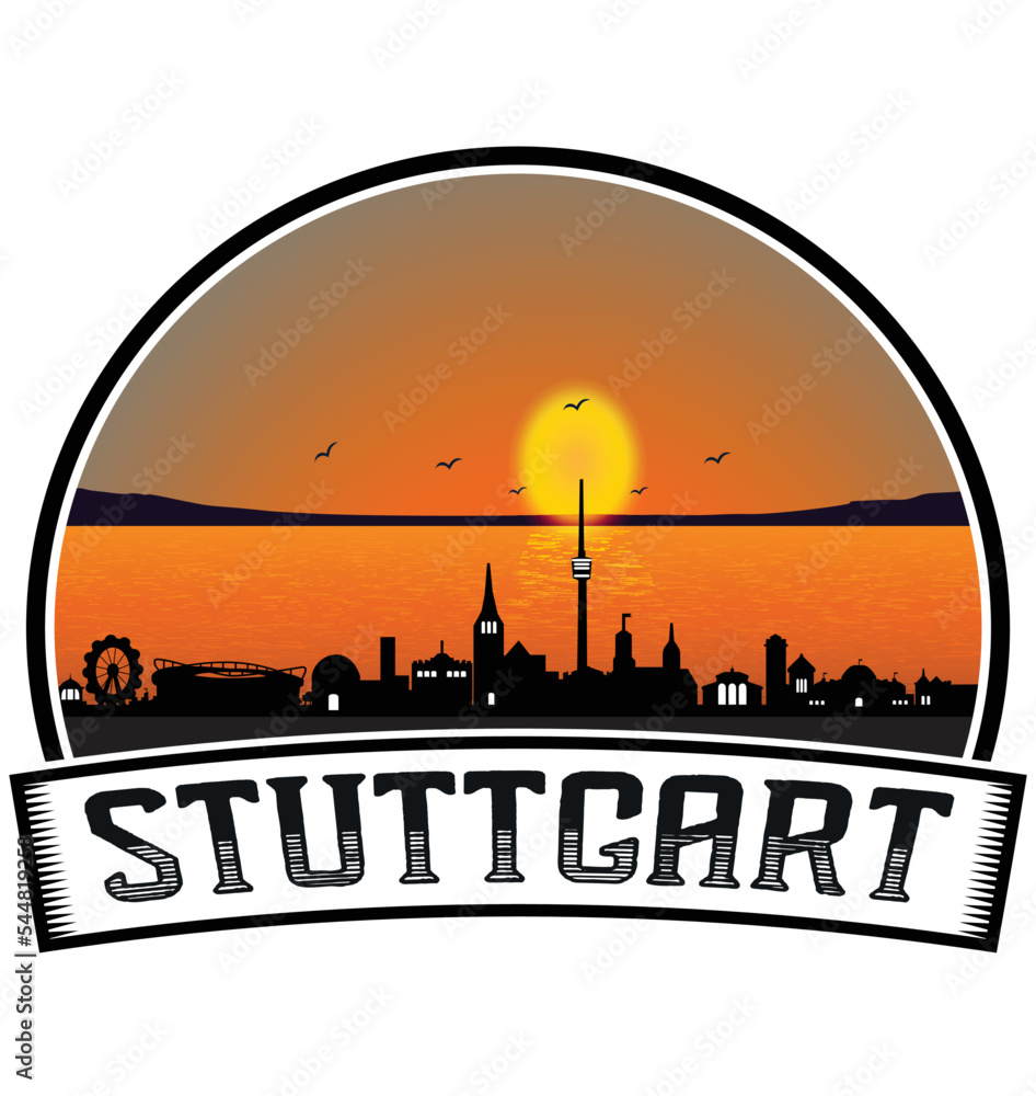 Stuttgart Germany Skyline Sunset Travel Souvenir Sticker Logo Badge Stamp Emblem Coat of Arms Vector Illustration EPS
