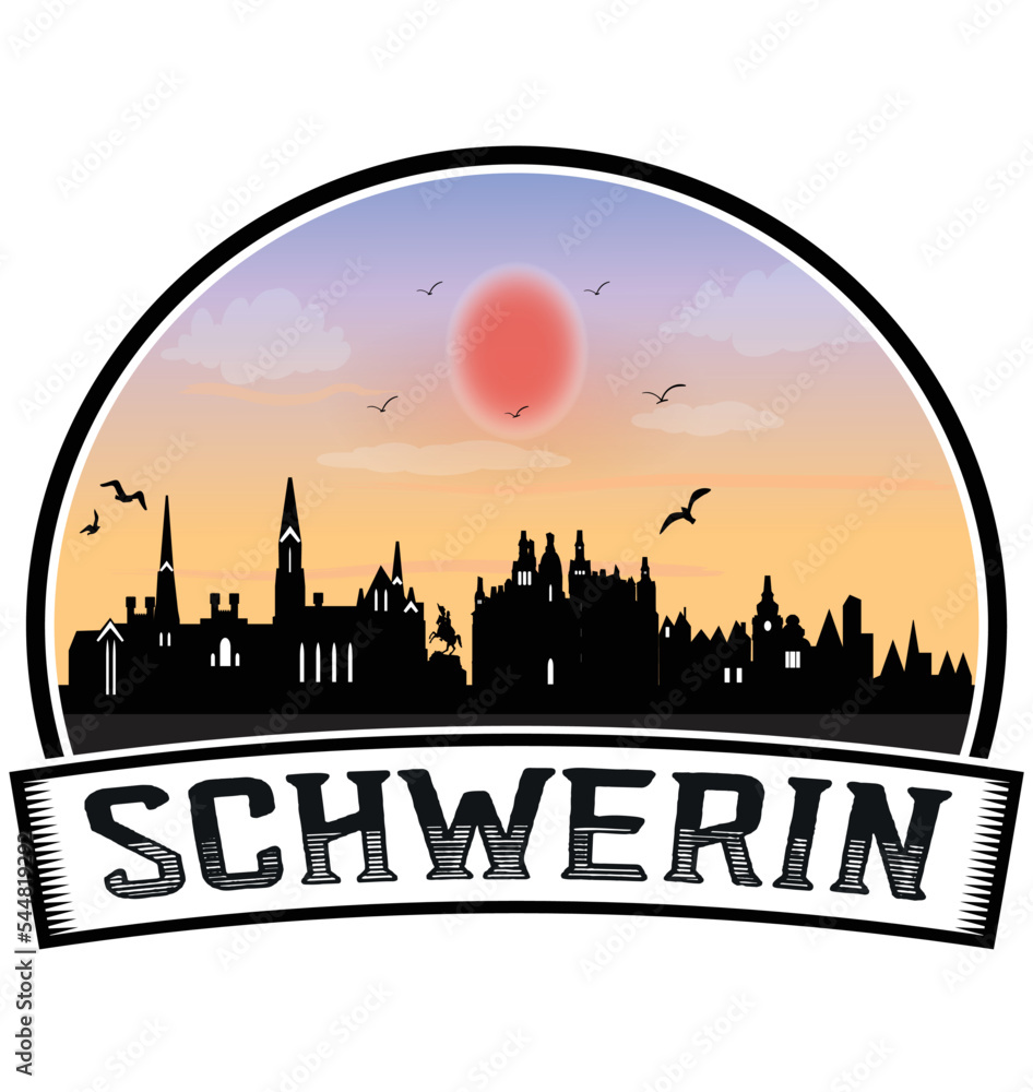 Schwerin Germany Skyline Sunset Travel Souvenir Sticker Logo Badge Stamp Emblem Coat of Arms Vector Illustration EPS