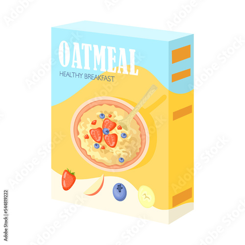 Box of cereal and bowls of oatmeal vector illustration. Boiled porridge with fruit and berries. Oat grains in jar, wooden spoon isolated