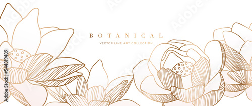 Set of hand drawn lotus line art. Collection of gradient gold lotus flowers line art. Design for luxury wedding invitation, cover, print, decoration, pattern, background template. Vector illustration.