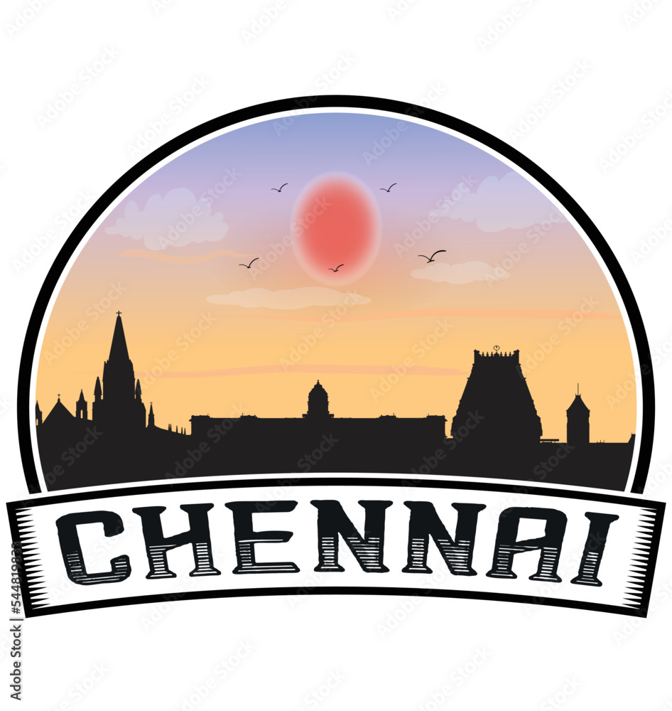 Chennai India Skyline Sunset Travel Souvenir Sticker Logo Badge Stamp Emblem Coat of Arms Vector Illustration EPS