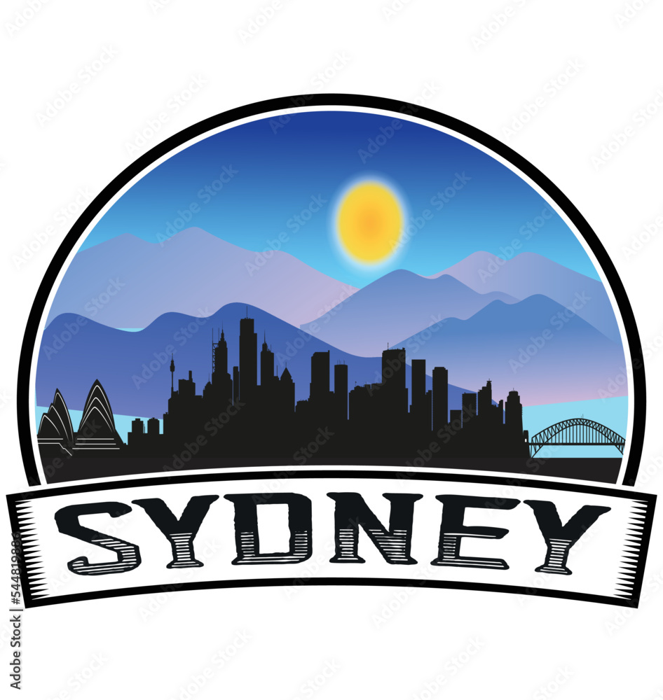 Sydney Australia Skyline Sunset Travel Souvenir Sticker Logo Badge Stamp Emblem Coat of Arms Vector Illustration EPS