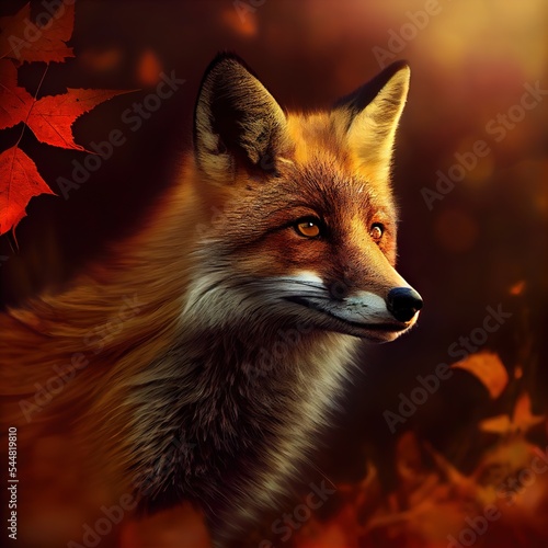 Stunning photorealistic portrait of red fox in the autumn woods, generated by Ai