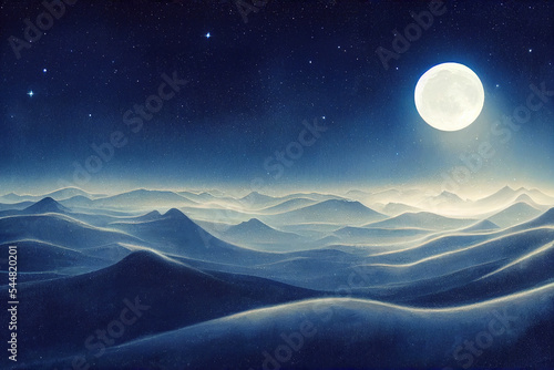 Magical full moon night sky over mountain landscape