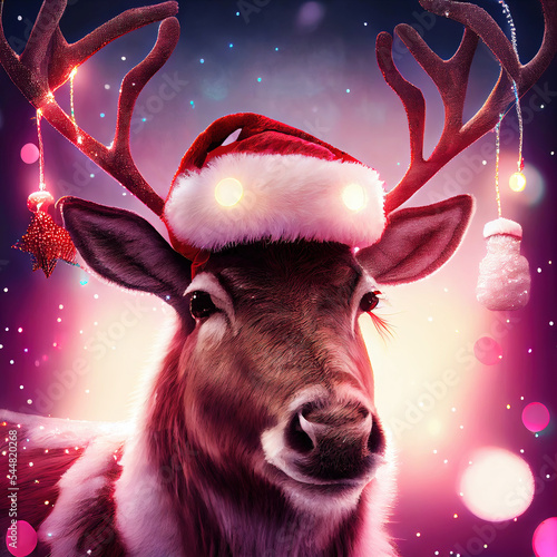 Portrait of a reindeer wearing a santa claus hat and christmas decorations photo