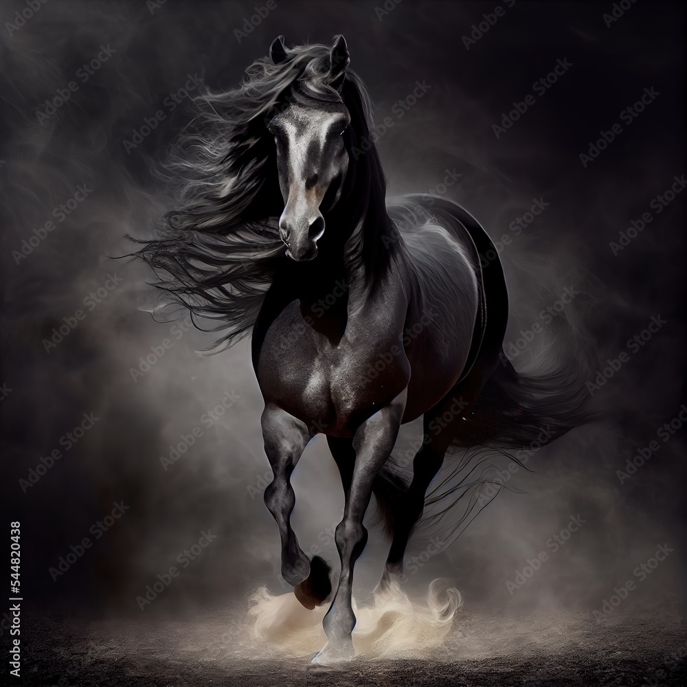 Gorgeous black stallion illustrated portrait, stunning illustration generated by Ai, is not based on any original image, character or person