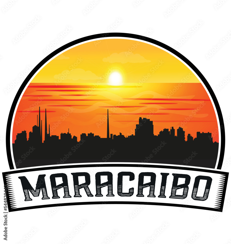 Maracaibo Venezuela Skyline Sunset Travel Souvenir Sticker Logo Badge Stamp Emblem Coat of Arms Vector Illustration EPS