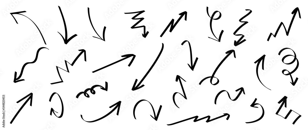 Set of black hand drawn arrow lines vector on white background. Doodle style, curve, wavy, arrows, cursor Icon, pointers collection, back, signs, direction. Design illustration for sticker, comic. Set of black hand drawn arrow lines vector on white background. Doodle style, curve, wavy, arrows, cursor Icon, pointers collection, back, signs, direction. Design illustration for sticker, comic.
