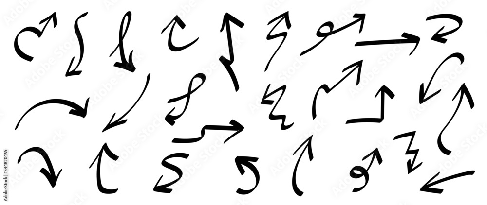 Set of black hand drawn arrow lines vector on white background. Doodle style, curve, wavy, arrows, cursor Icon, pointers collection, back, signs, direction. Design illustration for sticker, comic. Set of black hand drawn arrow lines vector on white background. Doodle style, curve, wavy, arrows, cursor Icon, pointers collection, back, signs, direction. Design illustration for sticker, comic.