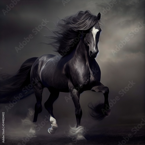 Gorgeous black horse galloping through the smoke  stunning illustration generated by Ai  is not based on any original image  character or person