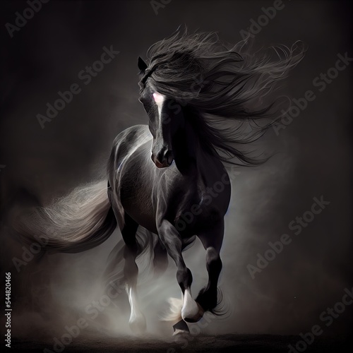 Gorgeous black horse galloping through the smoke, stunning illustration generated by Ai, is not based on any original image, character or person