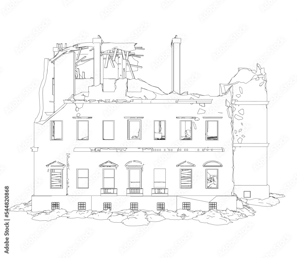 The outline of the destroyed building from black lines isolated on a white background. Front view. 3D. Vector illustration.