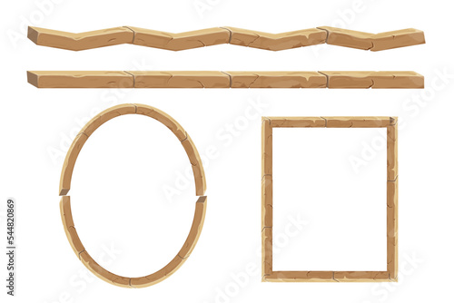 Set stone brick frame border, corner ancient medieval in cartoon style, isolated on white background. Game decoration, menu