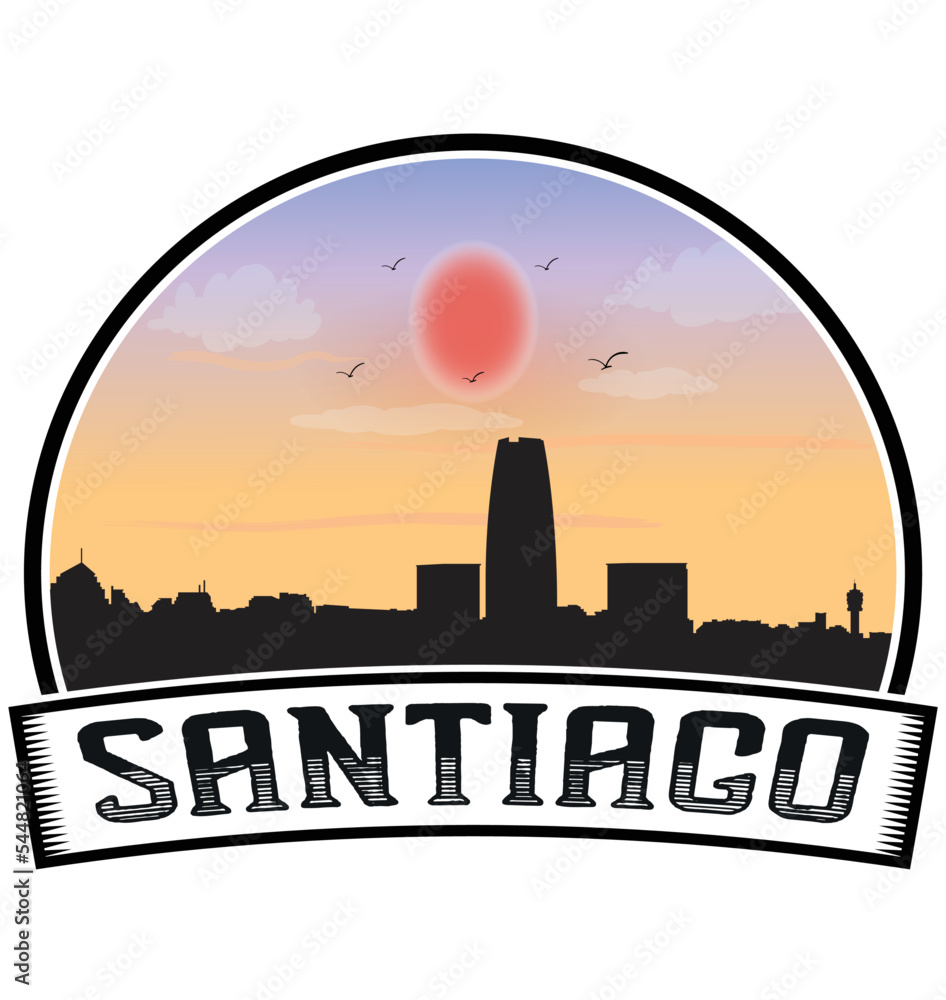 Santiago Chile Skyline Sunset Travel Souvenir Sticker Logo Badge Stamp Emblem Coat of Arms Vector Illustration EPS
