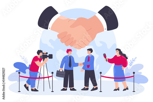 Tiny diplomats and politicians meeting for negotiations. Male leaders handshake after discussing peace, international friendship, crisis flat vector illustration. Democracy, diplomacy, embassy concept