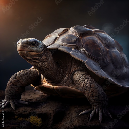 Stunning photorealistic dramatic portrait of giant Galapagos turtle. Ai generated illustration