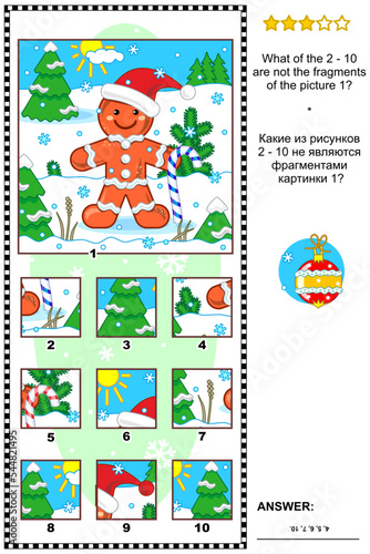 Christmas  winter or New Year visual logic puzzle with gingerbread man  What of the 2 - 10 are not the fragments of the picture 1  Answer included. 