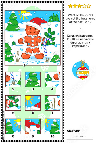 Christmas, winter or New Year visual logic puzzle with gingerbread man: What of the 2 - 10 are not the fragments of the picture 1? Answer included.
