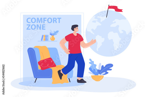 Man moving out of his comfort zone flat vector illustration. Male person getting out of armchair, starting new life or travelling. Change, success, inspiration concept
