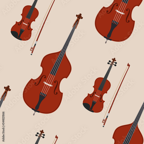 Seamless vector pattern with double basses and bows. Art vector color illustration.