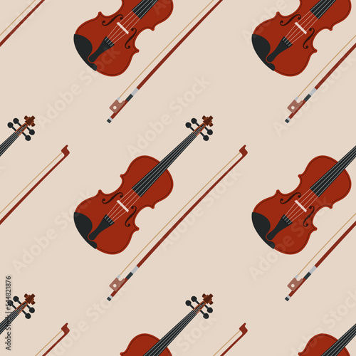 Seamless vector pattern with violins and bows. Art vector color illustration.