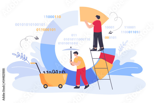 Men searching for information in background of huge diagram. Tiny male person with miners pick and trolley flat vector illustration. Process of data mining, industry, analysis concept