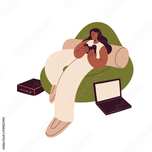 Happy girl playing console. Young black woman relaxing in chair, holding joystick for video game in hands. Gamer player resting at leisure time. Flat vector illustration isolated on white background
