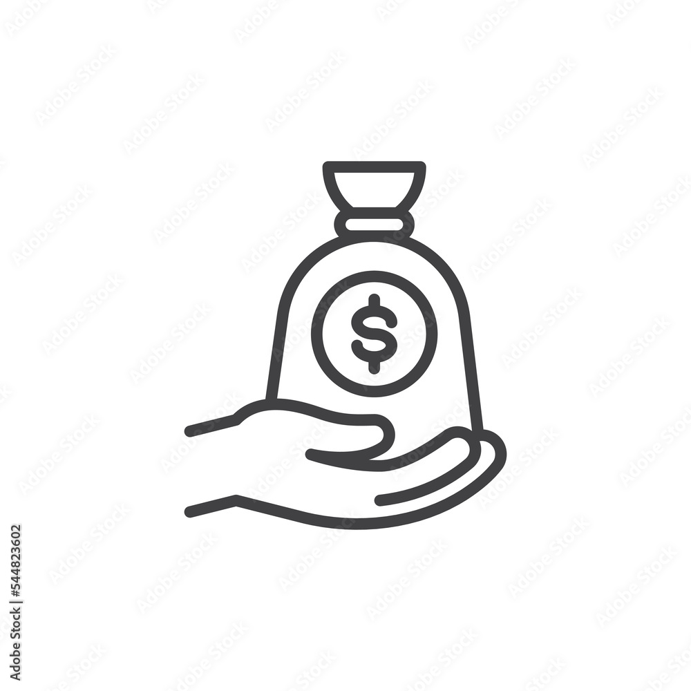Hand with money bag line icon Hand with money bag line icon
