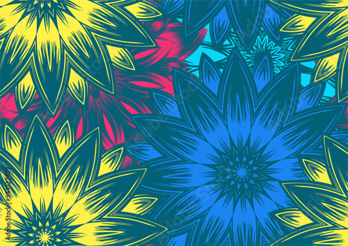 Flowers. Seamless floral background. Tracery handmade nature ethnic fabric backdrop pattern. Textile design texture. Decorative color art. Vector