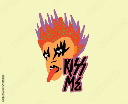 Kiss me. Flat character witth punk metal music 'Kiss me" lettering. Vector illustratiom