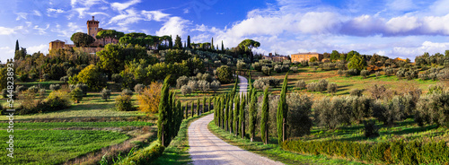 Italy, romantic Tuscany scenery with cypresses and castles. famous region Val d'orcia