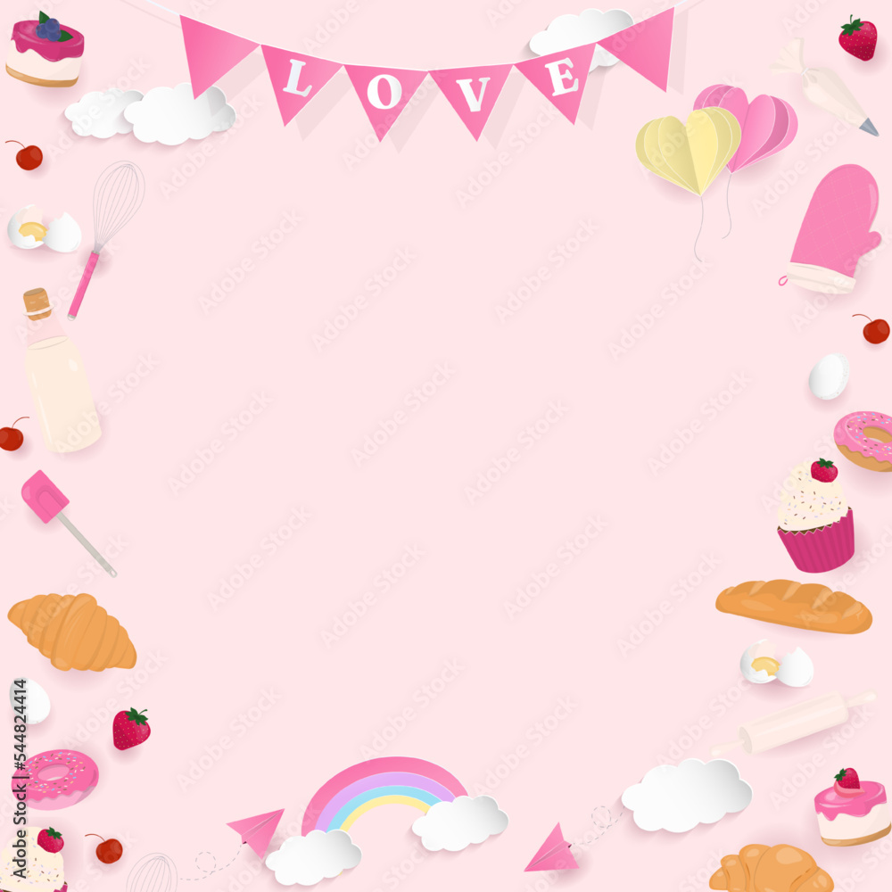 Bakery and ingredients frame with paper art background Bakery and ingredients frame with paper art background