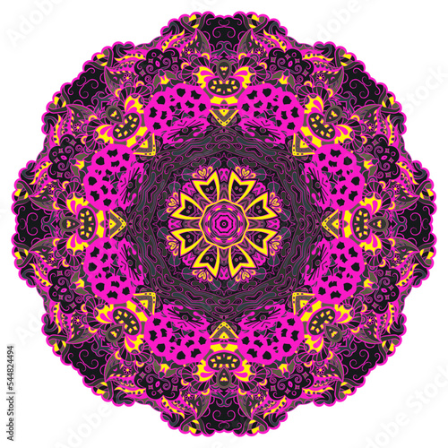 Mandala. Tracery wheel image. Mehndi design. Dark toxic colors. Ethnic doodle art. Curved doodling picture. Vector