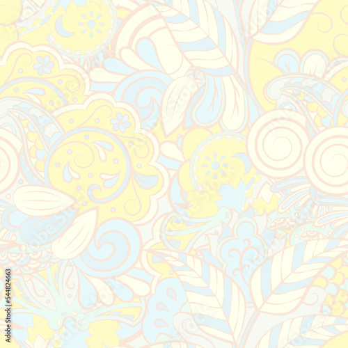 Tracery seamless pattern. Mehndi design. Pastel. 7 colors. Ethnic doodle texture. Curved doodling background. Vector